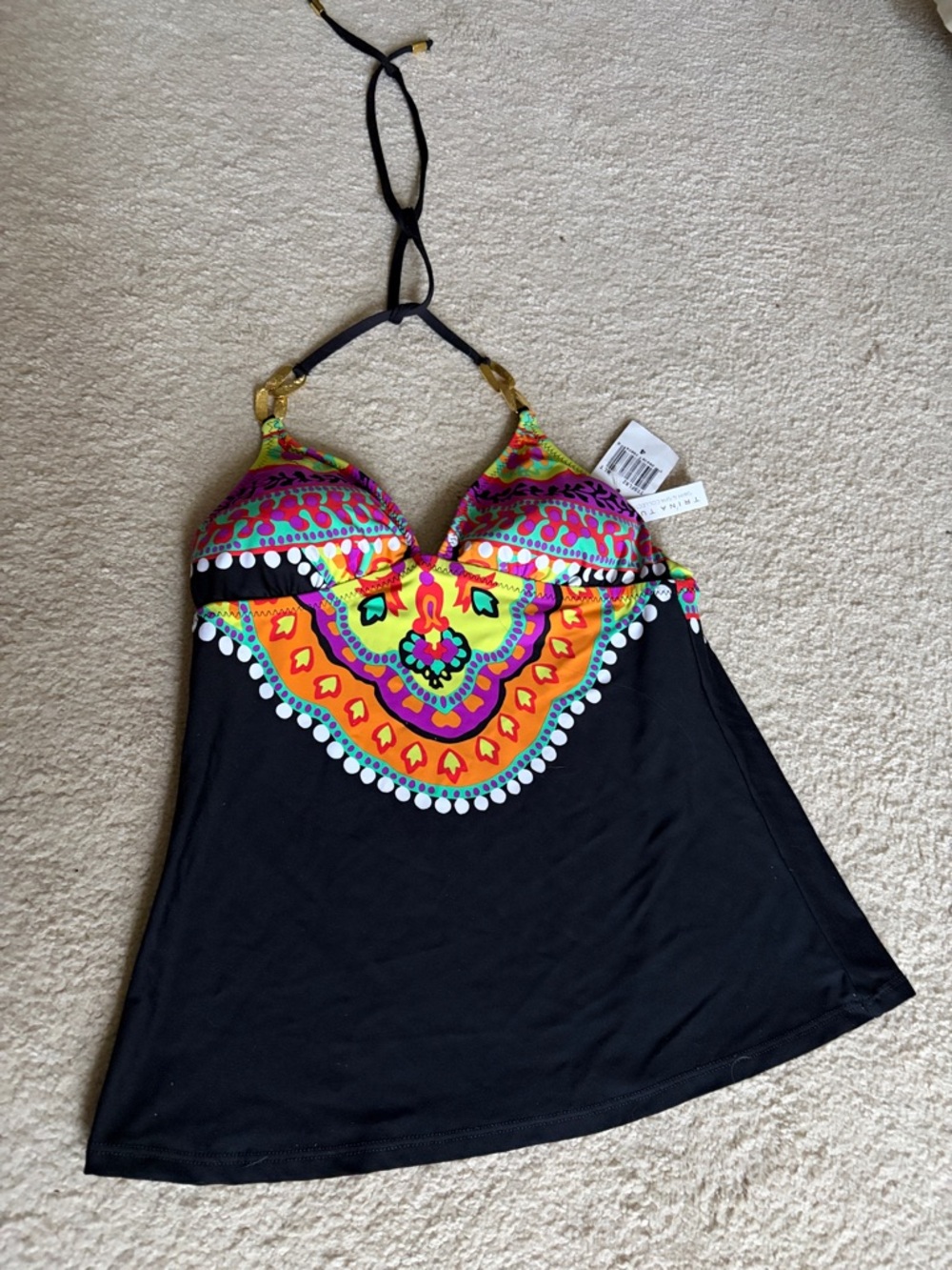NWT Trina Turk Swim Black Tankini Top with Bright Multicolor Tribal Print
